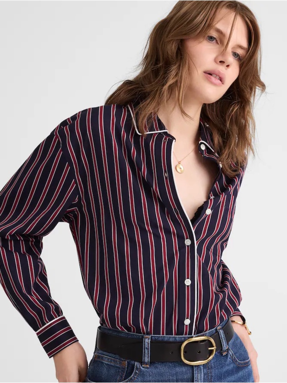 Madewell Long Button-Up Shirt in Red Navy Stripe Poplin Size Medium